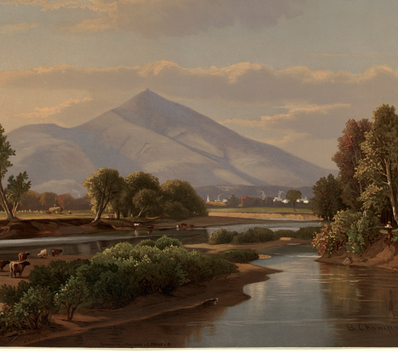 A painting of a river with farms, cattle, and mountains in the background