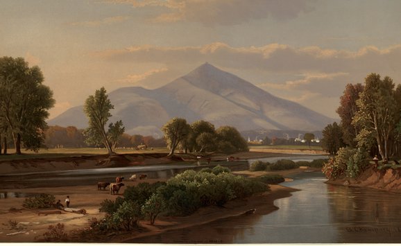 A painting of a river with farms, cattle, and mountains in the background
