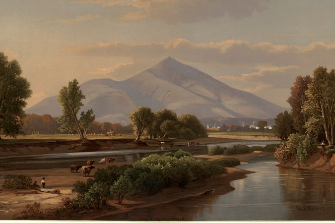 A painting of a river with farms, cattle, and mountains in the background
