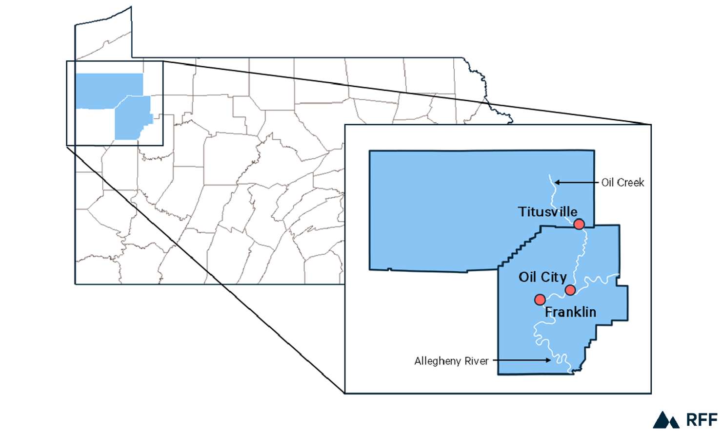 A map showing the oil region in northwestern Pennsylvania.