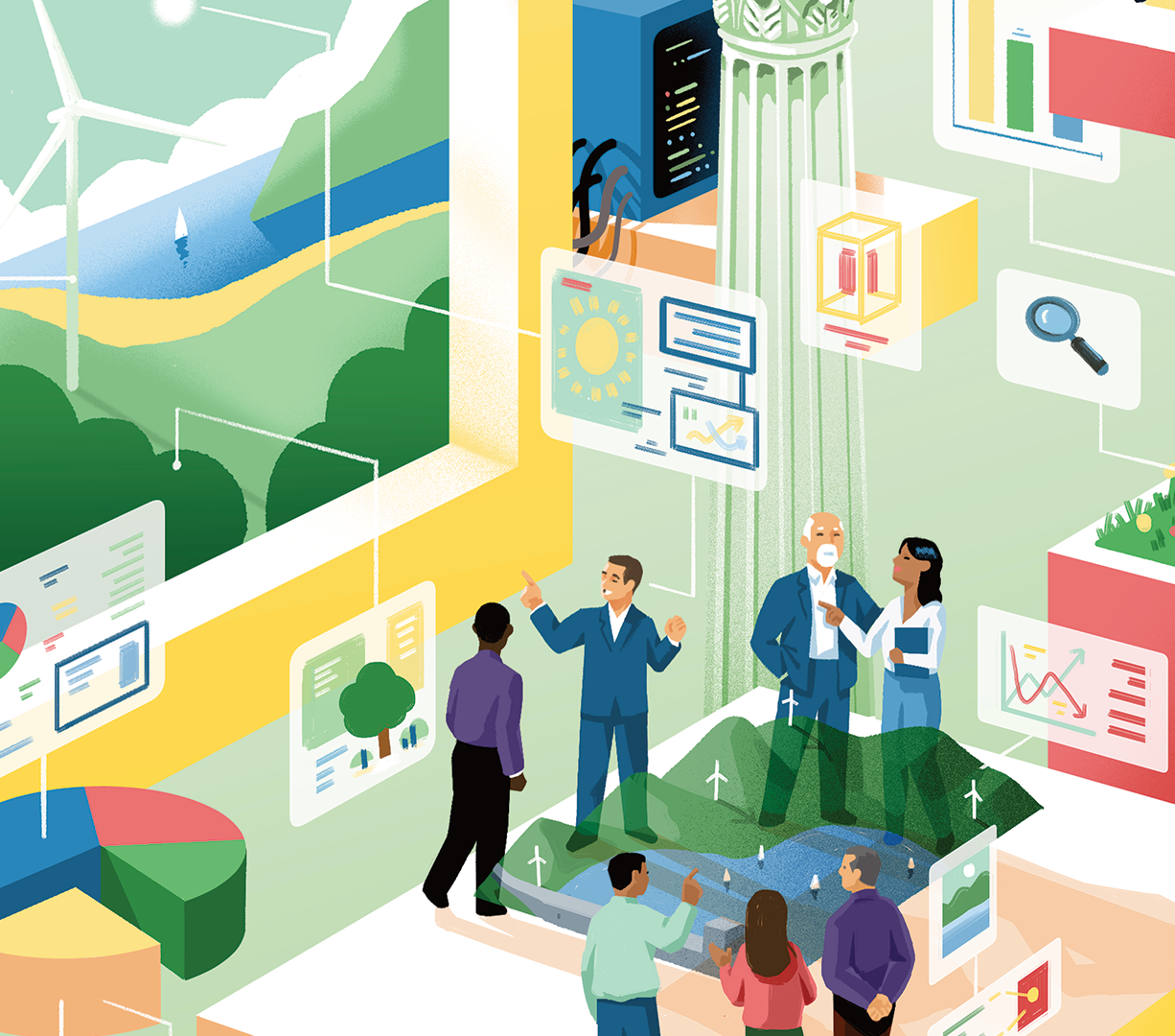 An illustration of people discussing energy and climate economics with floating figures in the foreground