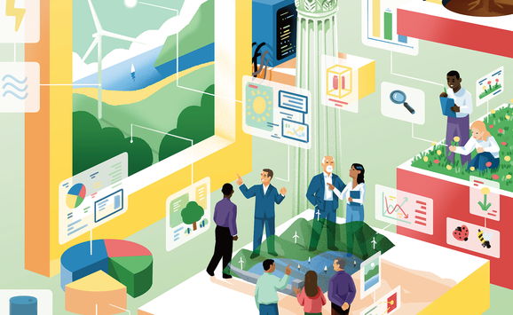 An illustration of people discussing energy and climate economics with floating figures in the foreground