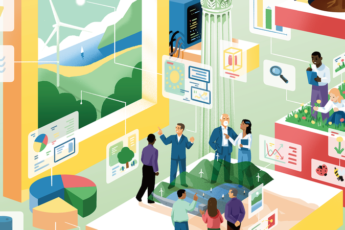 An illustration of people discussing energy and climate economics with floating figures in the foreground