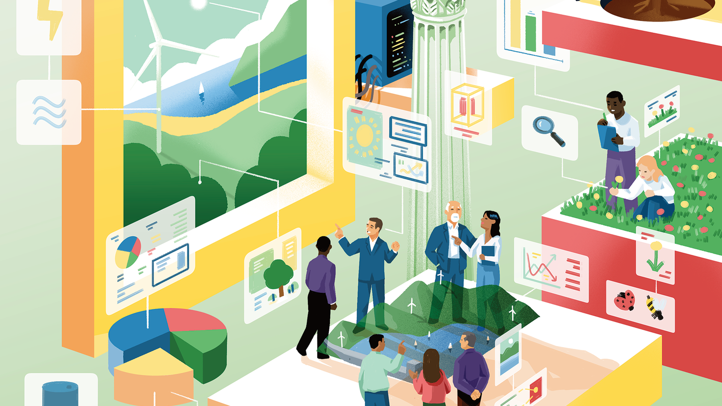 An illustration of people discussing energy and climate economics with floating figures in the foreground