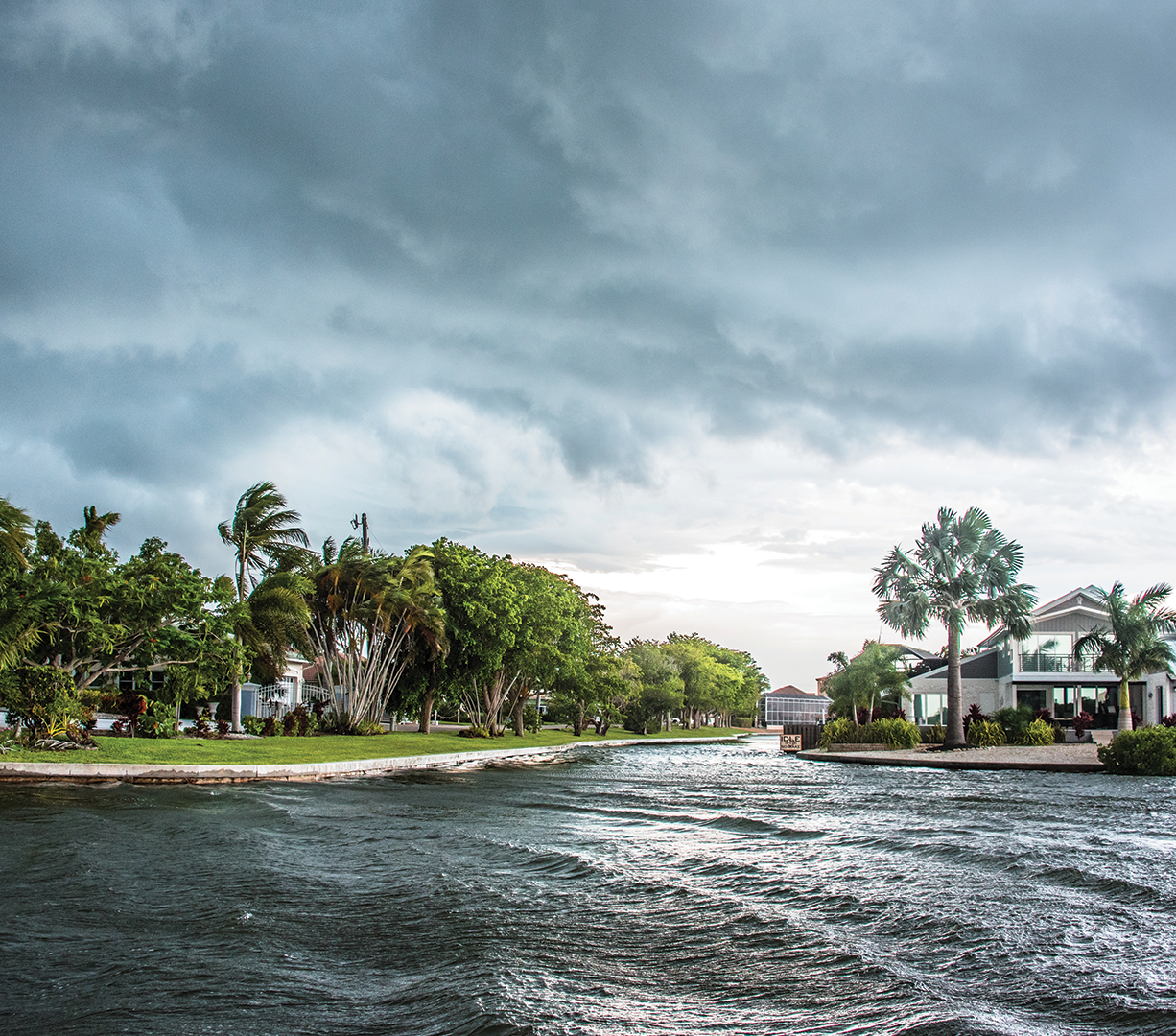 A coastal community on a windy and cloudy day