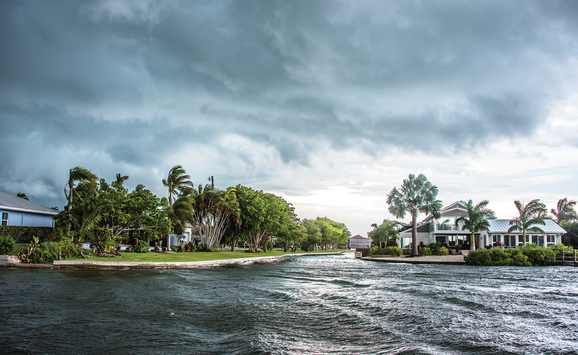 A coastal community on a windy and cloudy day