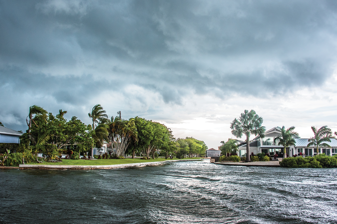 A coastal community on a windy and cloudy day