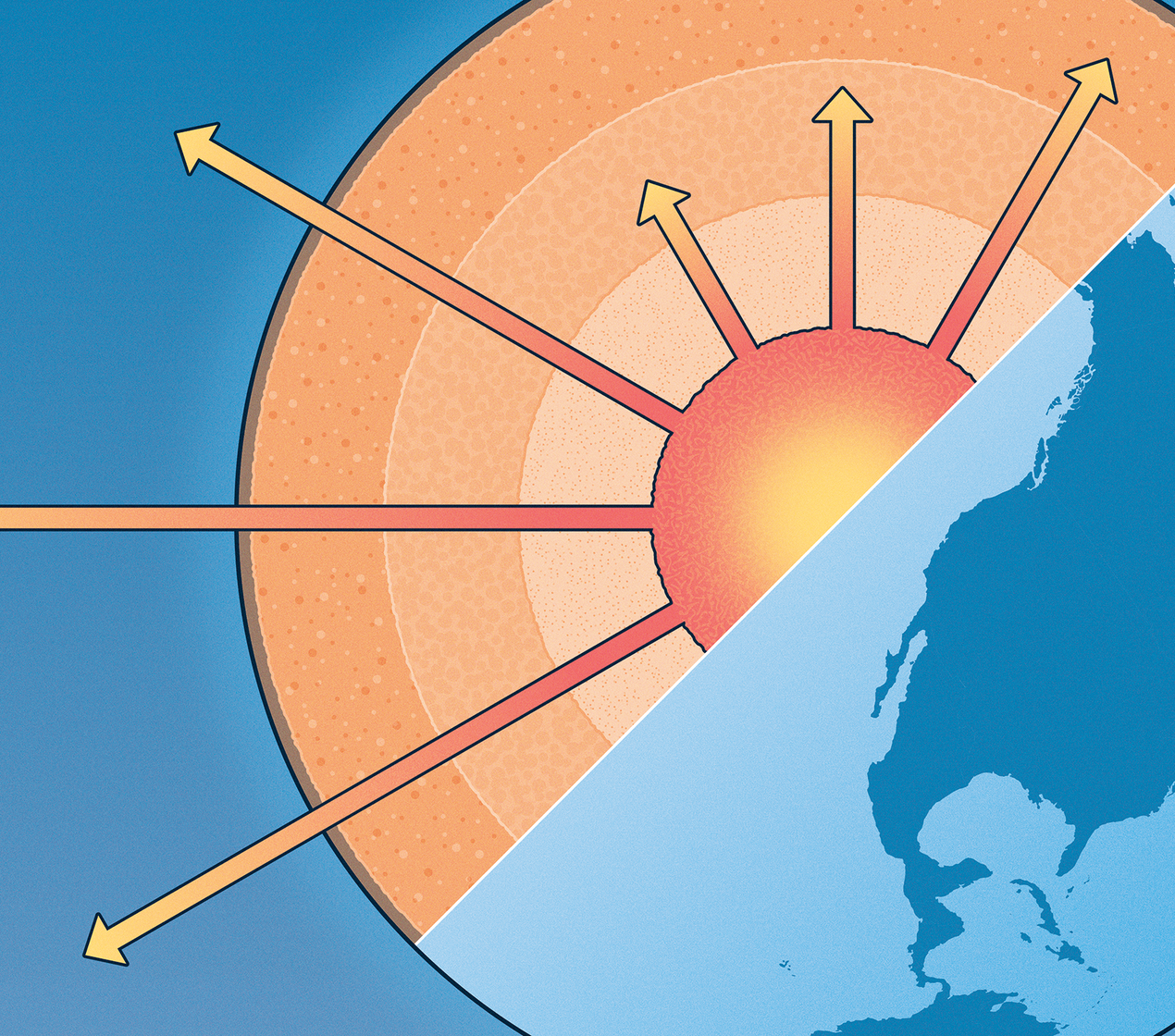 A picture of the globe with half of the Earth uncovered and showing the layers of the planet and rays streaming out of the center.