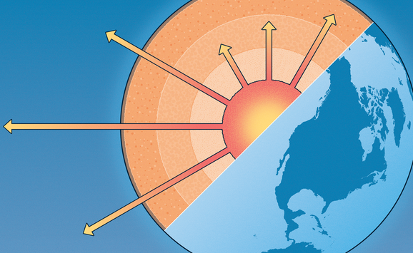 A picture of the globe with half of the Earth uncovered and showing the layers of the planet and rays streaming out of the center.