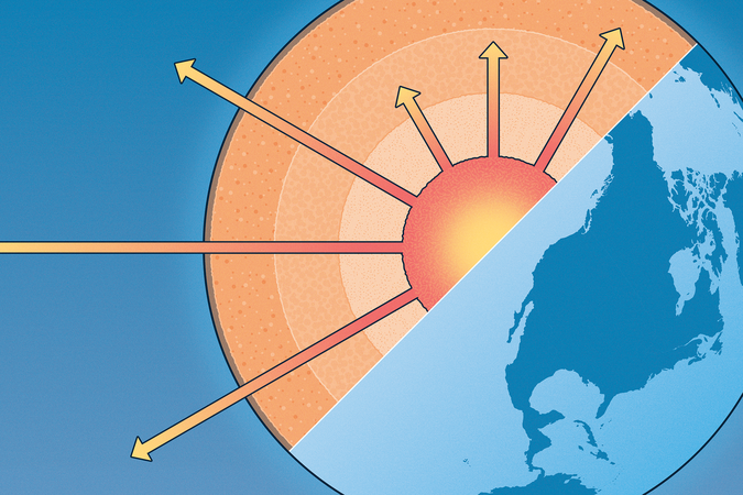 A picture of the globe with half of the Earth uncovered and showing the layers of the planet and rays streaming out of the center.