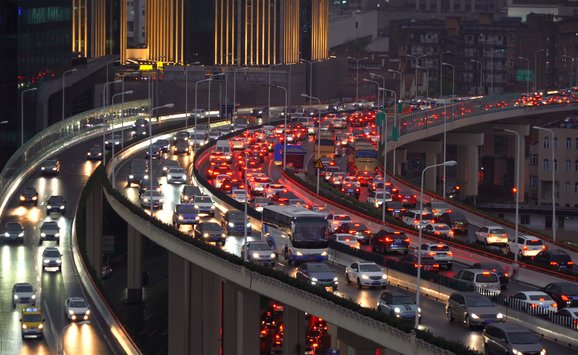 Cars stuck in traffic on a many-lane highway