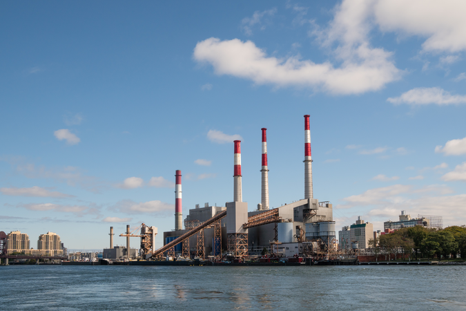 Faraway image of Ravenswood Generating Station, a power plant in Long Island City in Queens, New York.