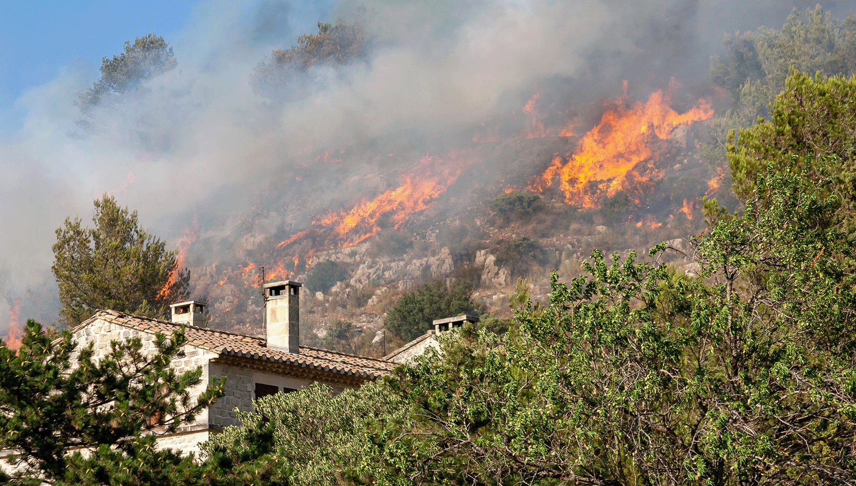 A photo of an untouched house and trees, while flames and smoke from a forest fire approach from the background.