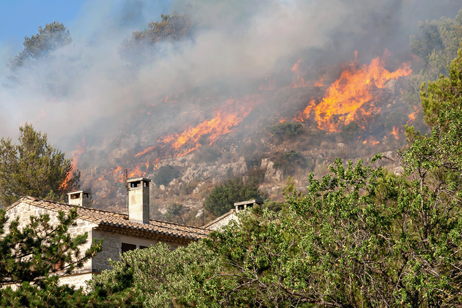 A photo of an untouched house and trees, while flames and smoke from a forest fire approach from the background.