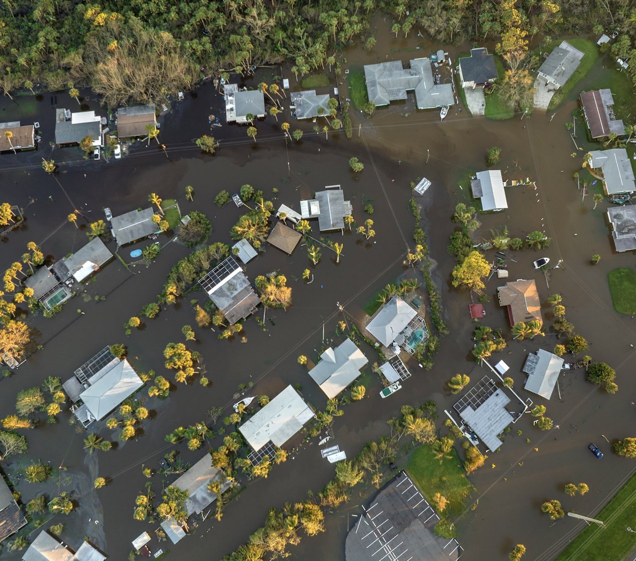 Aerial image of flooded roads and houses in Florida following Hurricane Ian.