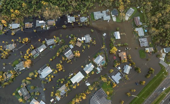 Aerial image of flooded roads and houses in Florida following Hurricane Ian.