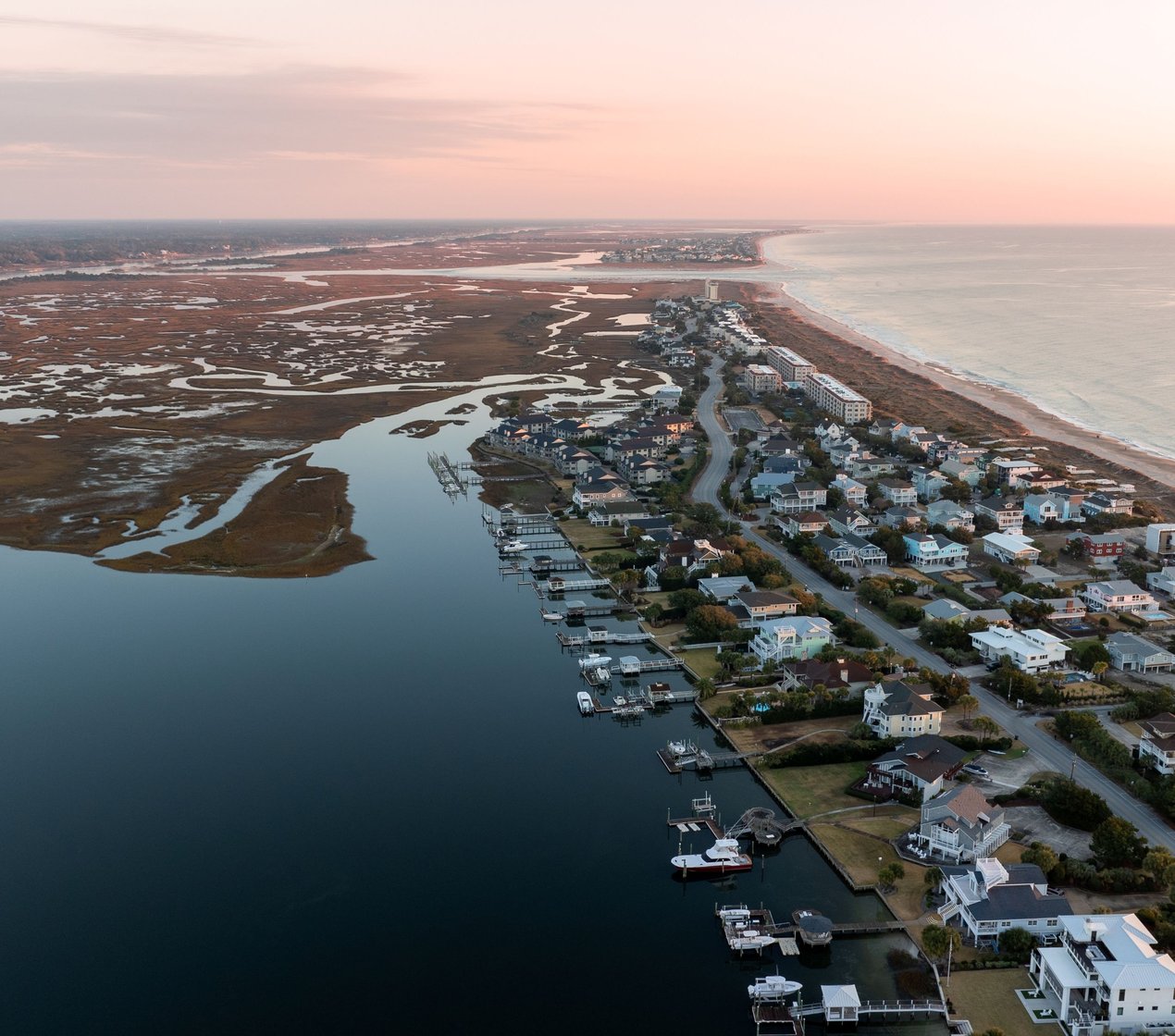 Coastal houses at sunset