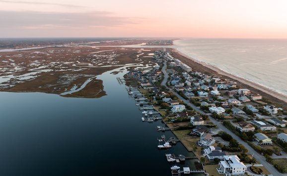 Coastal houses at sunset