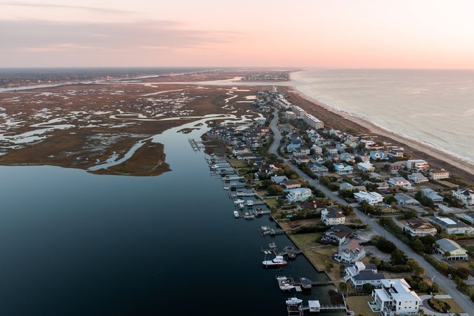 Coastal houses at sunset