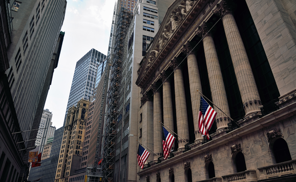 The Facade of the New York Stock Exchange Building on Broad Street in New York City's Manhattan Financial District.