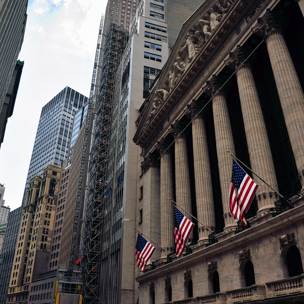The Facade of the New York Stock Exchange Building on Broad Street in New York City's Manhattan Financial District.