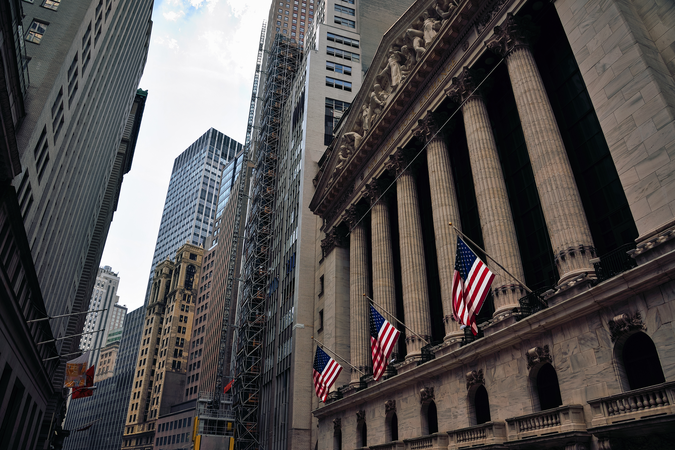 The Facade of the New York Stock Exchange Building on Broad Street in New York City's Manhattan Financial District.