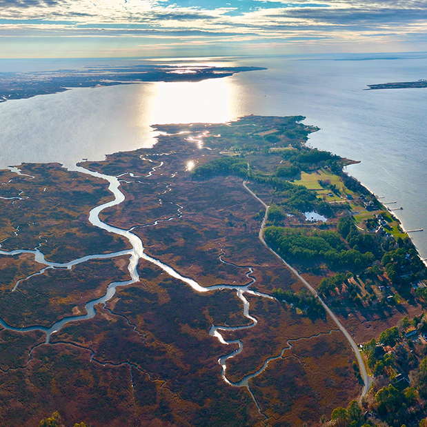 An aerial view of Princess Anne, Maryland with marshlands and waterways.