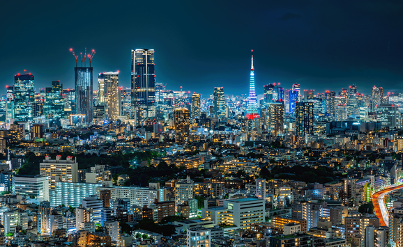 An aerial view of urban Tokyo, Japan