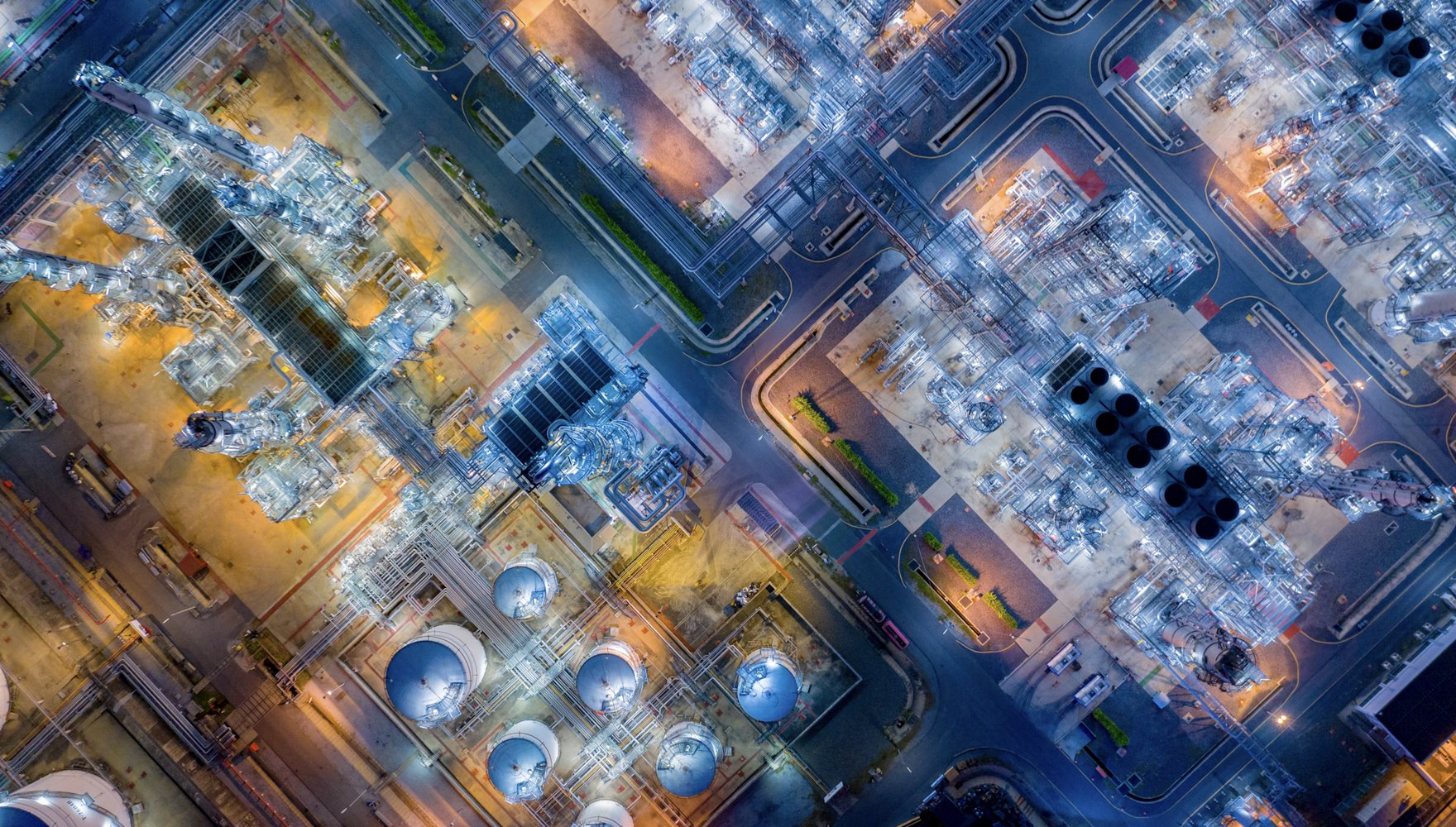Aerial image of a large oil refinery at night