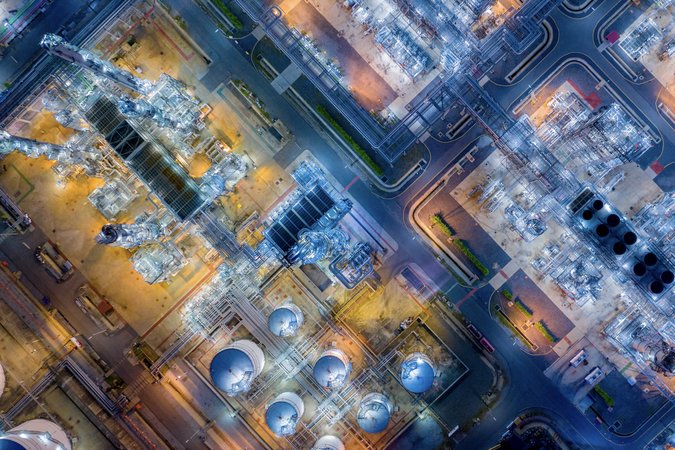 Aerial image of a large oil refinery at night