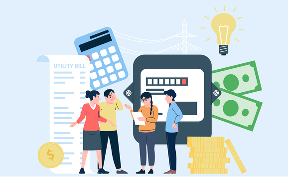 An illustration showing electricity-related imagery, money, and people discussing their electric bill.