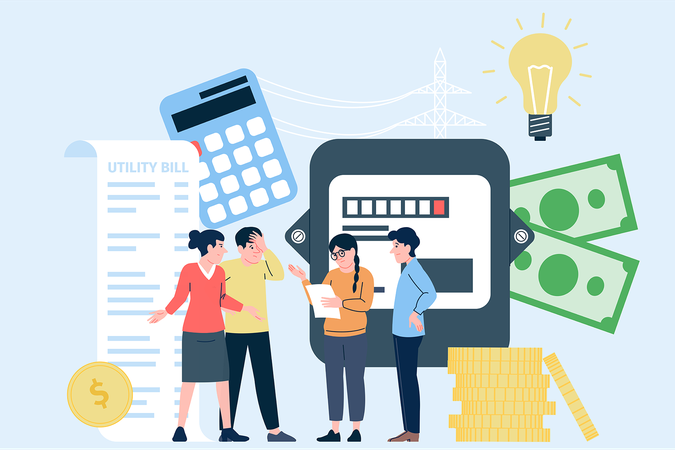 An illustration showing electricity-related imagery, money, and people discussing their electric bill.