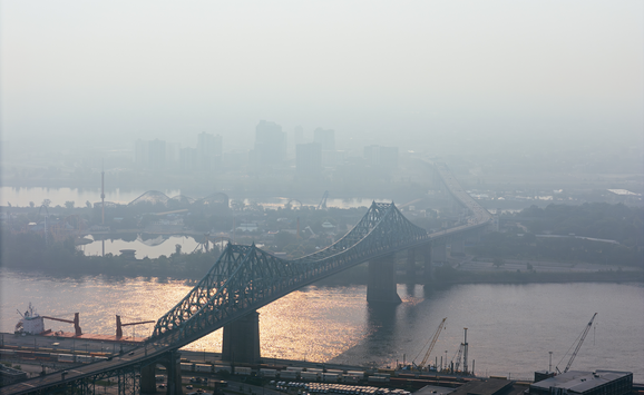 Heavy smog in Montreal downtown, Quebec, Canada.