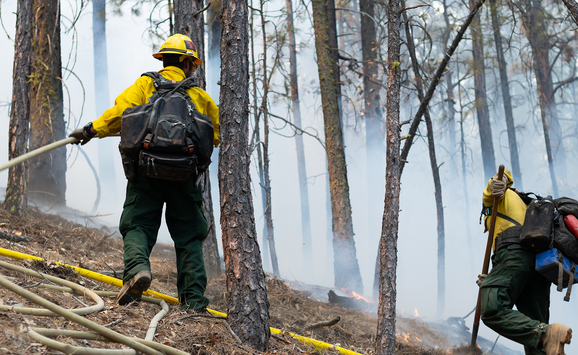 Firefighters containing a wildfire on a mountainside in California