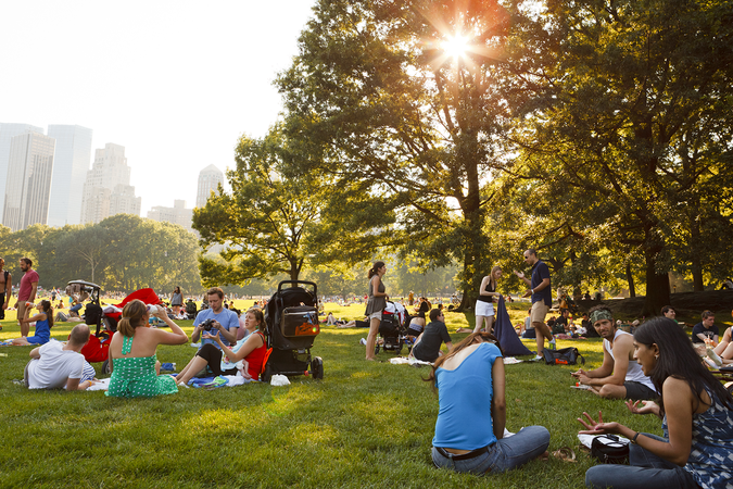 People enjoying a sunny day in a park in New York City